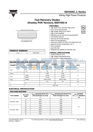 SD1053C22S20L datasheet - Fast Recovery Diodes (Hockey PUK Version), 920/1050 A