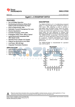 SN65LVCP202RGER datasheet - Gigabit 2  2 CROSSPOINT SWITCH