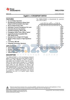 SN65LVCP204 datasheet - Gigabit 4  4 CROSSPOINT SWITCH