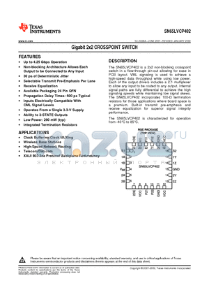 SN65LVCP402RGET datasheet - Gigabit 2x2 CROSSPOINT SWITCH