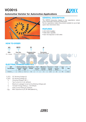 VC0015 datasheet - Automotive Varistor for Automotive Applications