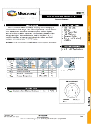 SD1070 datasheet - RF & MICROWAVE TRANSISTORS