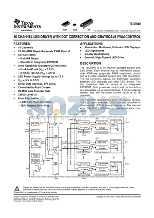 TLC5940 datasheet - 16 CHANNEL LED DRIVER WITH DOT CORRECTION AND GRAYSCALE PWM CONTROL