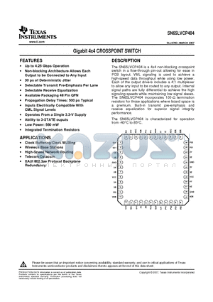 SN65LVCP404 datasheet - Gigabit 4x4 CROSSPOINT SWITCH