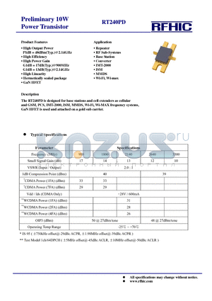 RT240PD datasheet - Preliminary 10W Power Transistor