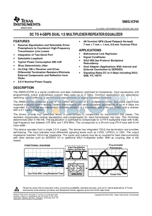 SN65LVCP40RGZR datasheet - DC TO 4-GBPS DUAL 1:2 MULTIPLEXER/REPEATER/EQUALIZER