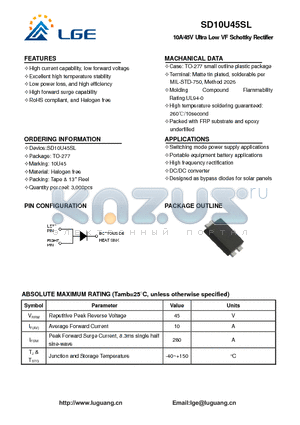 SD10U45SL datasheet - 10A/45V Ultra Low VF Schottky Rectifier