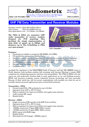 TX3A-869-64 datasheet - UHF FM Data Transmitter and Receiver Modules