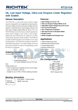 RT2515A datasheet - 2A, Low Input Voltage, Ultra-Low Dropout Linear Regulator with Enable