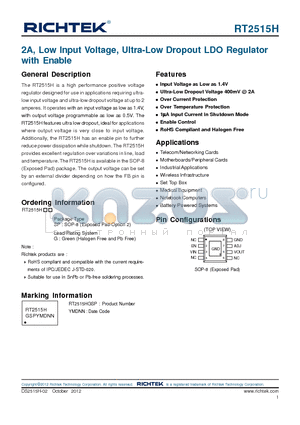 RT2515H datasheet - 2A, Low Input Voltage, Ultra-Low Dropout LDO Regulator with Enable