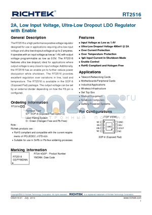 RT2516 datasheet - 2A, Low Input Voltage, Ultra-Low Dropout LDO Regulator with Enable