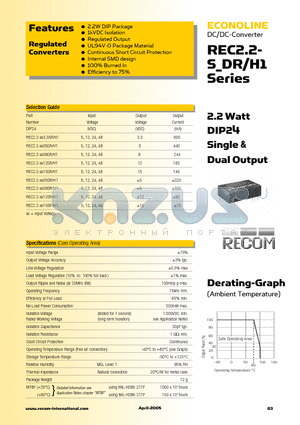 REC2.2-2405SR/H1 datasheet - 2.2 Watt DIP24 Single & Dual Output