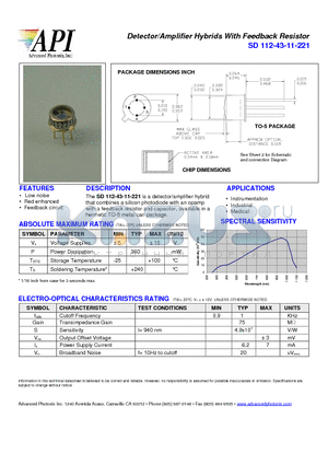 SD112-43-11-221 datasheet - Detector/Amplifier Hybrids With Feedback Resistor