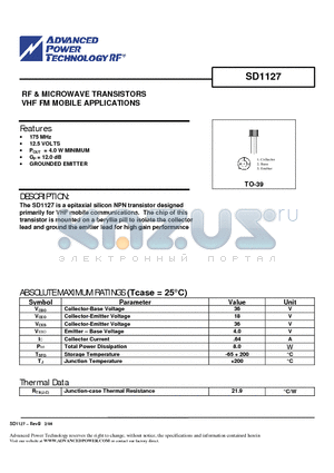 SD1127 datasheet - RF & MICROWAVE TRANSISTORS VHF FM MOBILE APPLICATIONS