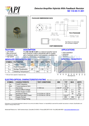 SD112-45-11-221 datasheet - Detector/Amplifier Hybrids With Feedback Resistor