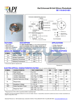SD113-24-21-021 datasheet - Red Enhanced Bi-Cell Silicon Photodiode