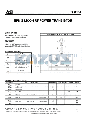 SD1134 datasheet - NPN SILICON RF POWER TRANSISTOR