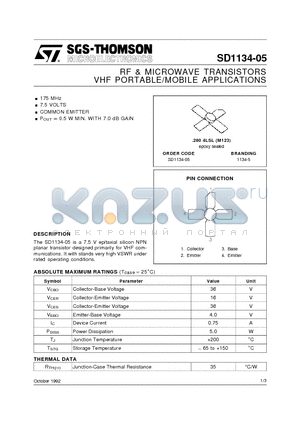 SD1134-05 datasheet - RF & MICROWAVE TRANSISTORS VHF PORTABLE/MOBILE APPLICATIONS