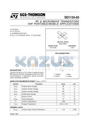 SD1135-03 datasheet - RF & MICROWAVE TRANSISTORS VHF PORTABLE/MOBILE APPLICATIONS