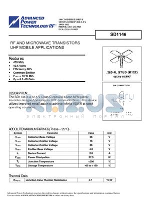 SD1146 datasheet - RF AND MICROWAVE TRANSISTORS UHF MOBILE APPLICATIONS