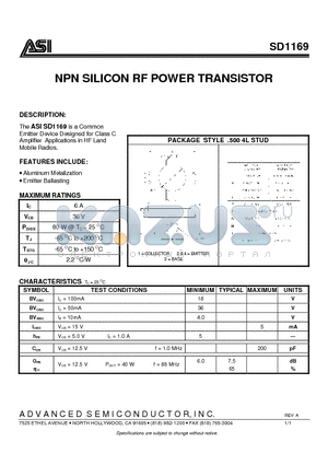 SD1169 datasheet - NPN SILICON RF POWER TRANSISTOR