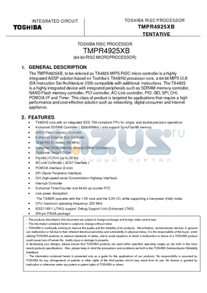 TX4925 datasheet - 64-bit RISC MICROPROCESSOR