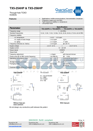 TX5-254HP datasheet - Through hole TCXO HCMOS Tight frequency stability vs. temperature