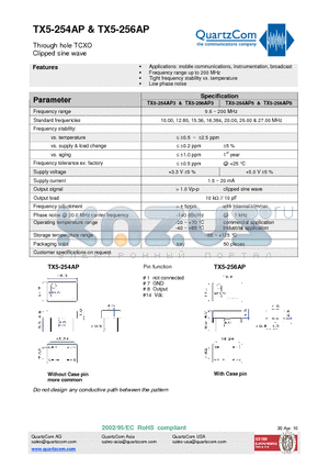 TX5-256AP datasheet - Through hole TCXO Clipped sine wave Tight frequency stability vs. temperature