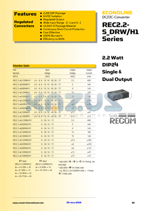 REC2.2-2412SRWZ/H1 datasheet - 2.2 Watt DIP24 Single & Dual Output