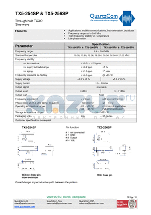 TX5-254SP5 datasheet - Through hole TCXO Sine wave Tight frequency stability vs. temperature