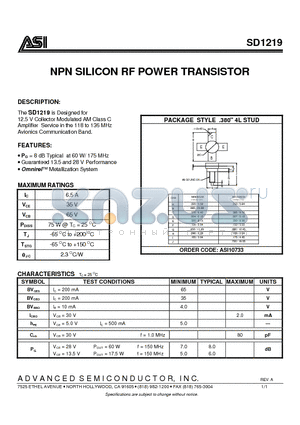 SD1219 datasheet - NPN SILICON RF POWER TRANSISTOR