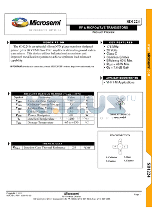 SD1224 datasheet - RF & MICROWAVE TRANSISTORS