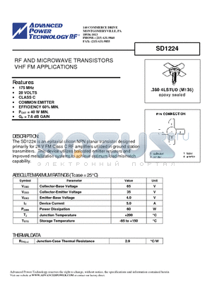 SD1224 datasheet - RF AND MICROWAVE TRANSISTORS