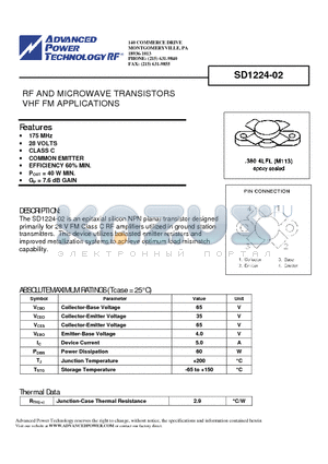 SD1224-02 datasheet - RF AND MICROWAVE TRANSISTORS VHF FM APPLICATIONS