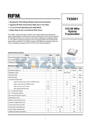 TX5001 datasheet - 315.00 MHz Hybrid Transmitter