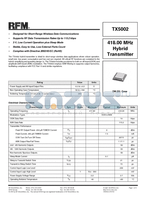 TX5002 datasheet - 418.00 MHz Hybrid Transmitter