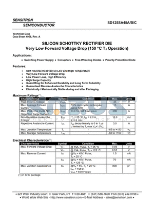 SD125SA45B datasheet - SILICON SCHOTTKY RECTIFIER DIE Very Low Forward Voltage Drop (150 `C TJ Operation)