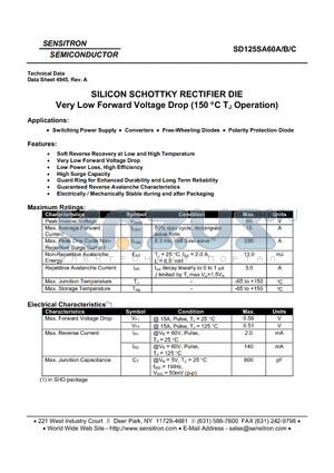 SD125SA60A datasheet - SILICON SCHOTTKY RECTIFIER DIE Very Low Forward Voltage Drop (150 `C TJ Operation)