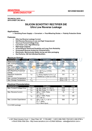 SD125SB100B datasheet - SILICON SCHOTTKY RECTIFIER DIE Ultra Low Reverse Leakage