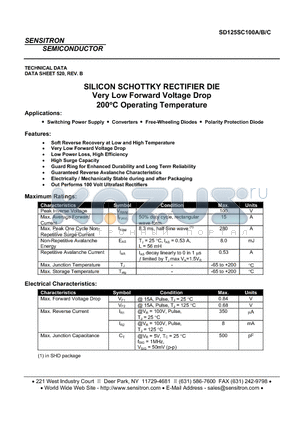 SD125SC100A datasheet - SILICON SCHOTTKY RECTIFIER DIE Very Low Forward Voltage Drop 200`C Operating Temperature