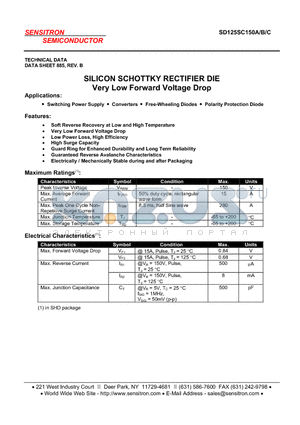 SD125SC150A datasheet - SILICON SCHOTTKY RECTIFIER DIE Very Low Forward Voltage Drop