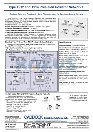 T912-B200K-010-02 datasheet - Precision Resistor Network