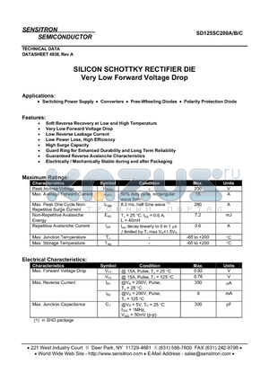 SD125SC200A datasheet - SILICON SCHOTTKY RECTIFIER DIE Very Low Forward Voltage Drop