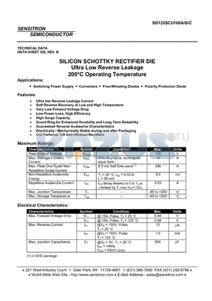 SD125SCU100A datasheet - SILICON SCHOTTKY RECTIFIER DIE Ultra Low Reverse Leakage 200`C Operating Temperature