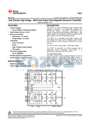 TX517IZCQ datasheet - Dual Channel, High-Voltage  Multi-Level Output Fully Integrated Ultrasound Transmitter