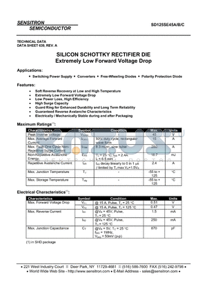 SD125SE45B datasheet - SILICON SCHOTTKY RECTIFIER DIE Extremely Low Forward Voltage Drop