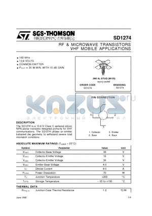 SD1274 datasheet - RF & MICROWAVE TRANSISTORS VHF MOBILE APPLICATIONS