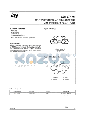SD1274-01 datasheet - RF POWER BIPOLAR TRANSISTORS VHF MOBILE APPLICATIONS