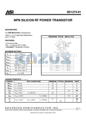 SD1274-01 datasheet - NPN SILICON RF POWER TRANSISTOR