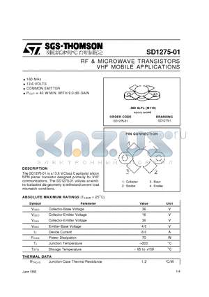 SD1275-1 datasheet - RF & MICROWAVE TRANSISTORS VHF MOBILE APPLICATIONS